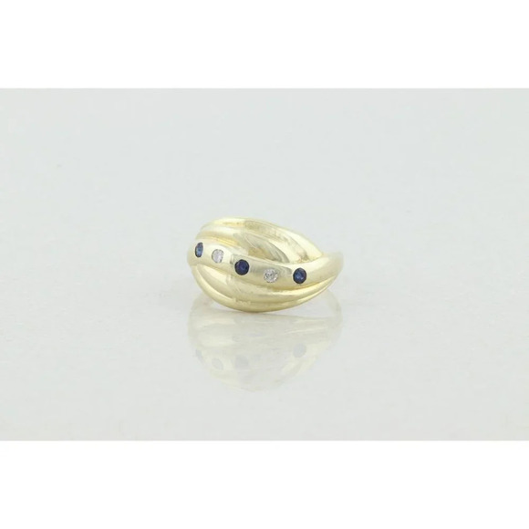 14k Yellow Gold Natural Blue Sapphire and Diamond Dome Ring Size 10 3/4 - Picture 5 of 7